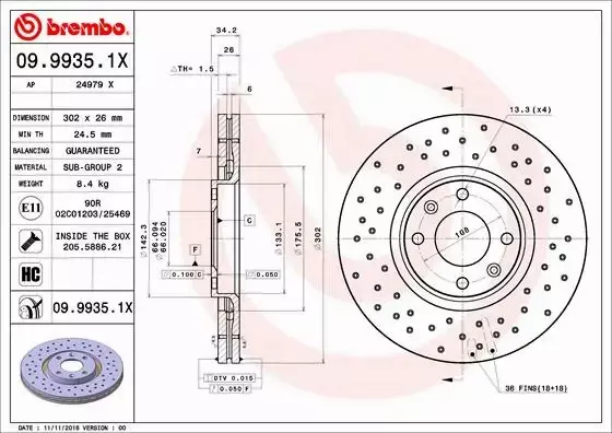 BREMBO TARCZE HAMULCOWE PRZÓD 09.9935.1X 