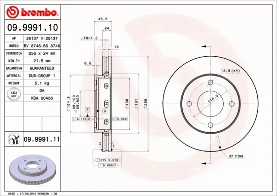 BREMBO TARCZE HAMULCOWE PRZÓD 09.9991.11 