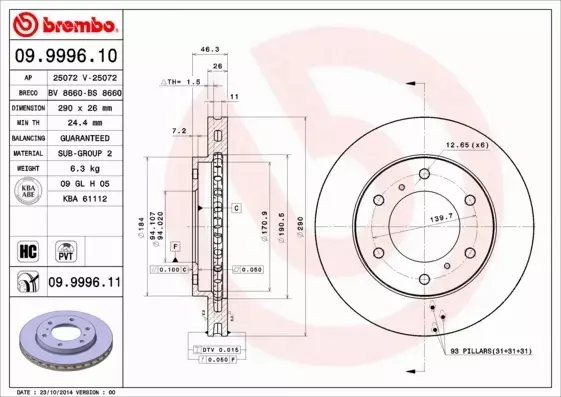 BREMBO TARCZE HAMULCOWE PRZÓD 09.9996.10 