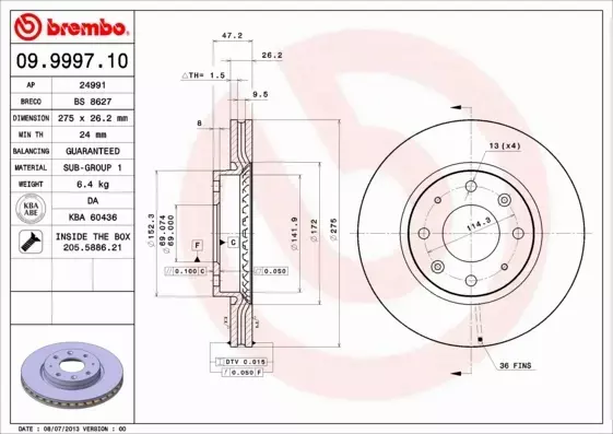 BREMBO TARCZE+KLOCKI PRZÓD KIA CERATO 275MM 