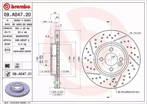 BREMBO TARCZE HAMULCOWE PRZÓD 09.A047.21 