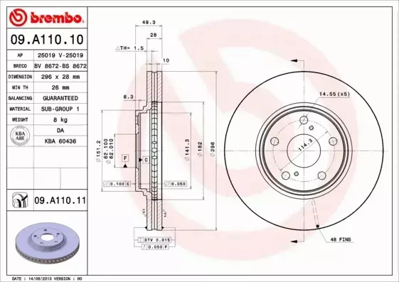 BREMBO TARCZE HAMULCOWE PRZÓD 09.A110.11 