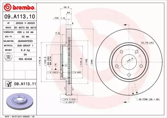 BREMBO TARCZE HAMULCOWE PRZÓD 09.A113.11 