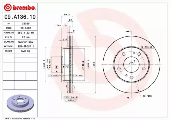 BREMBO TARCZE HAMULCOWE PRZÓD 09.A136.10 