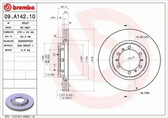 BREMBO TARCZE HAMULCOWE PRZÓD 09.A142.10 