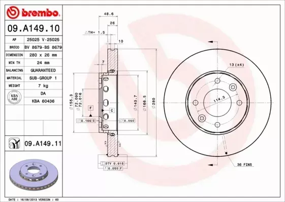 BREMBO TARCZE HAMULCOWE PRZÓD 09.A149.11 