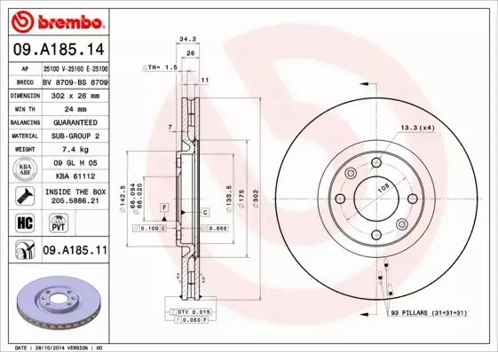 BREMBO Tarcza hamulcowa 09.A185.14 