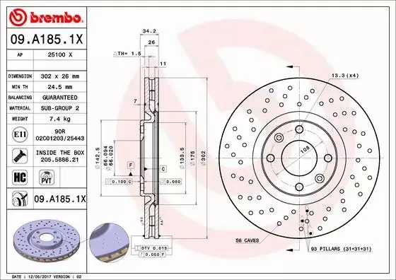 BREMBO TARCZE HAMULCOWE PRZÓD 09.A185.1X 