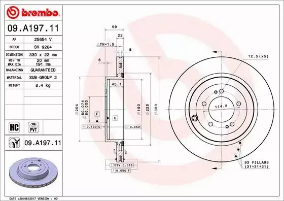 BREMBO TARCZE HAMULCOWE TYŁ 09.A197.11 