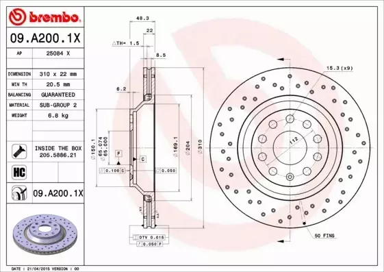 BREMBO TARCZE HAMULCOWE TYŁ 09.A200.1X 