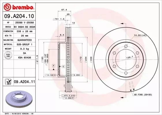 BREMBO TARCZE HAMULCOWE PRZÓD 09.A204.10 