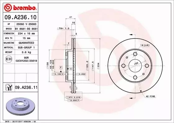 BREMBO TARCZE HAMULCOWE PRZÓD 09.A236.11 