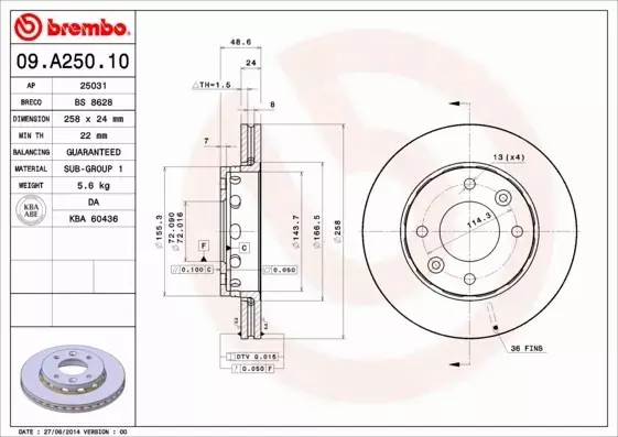 BREMBO TARCZE+KLOCKI PRZÓD KIA CARENS I 258MM 