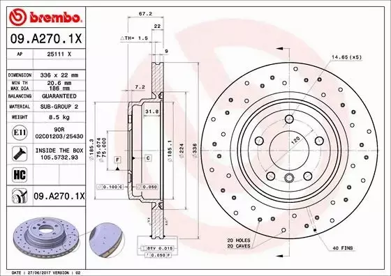 BREMBO TARCZE HAMULCOWE TYŁ 09.A270.1X 