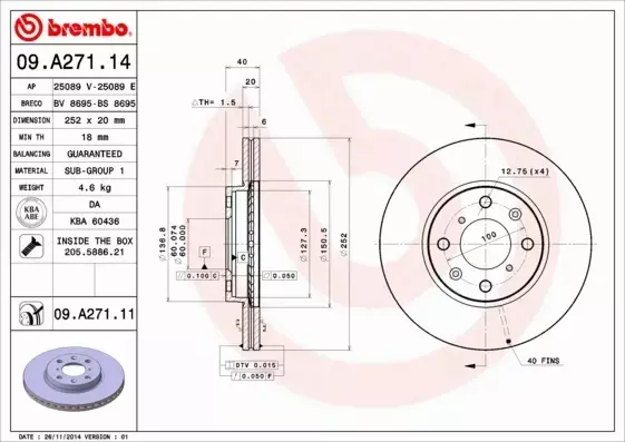 BREMBO TARCZE HAMULCOWE PRZÓD 09.A271.11 