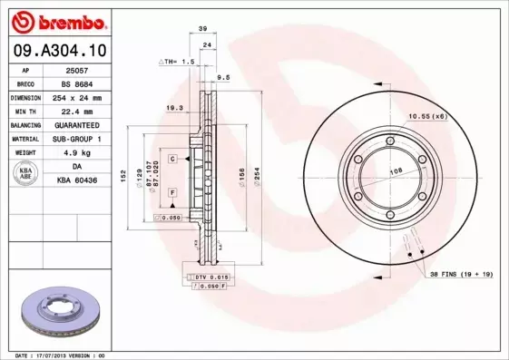 BREMBO TARCZA HAMULCOWA 09.A304.10 