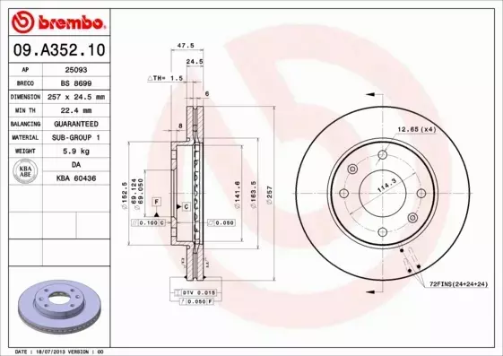 BREMBO TARCZE+KLOCKI P HYUNDAI SONATA IV 257MM 