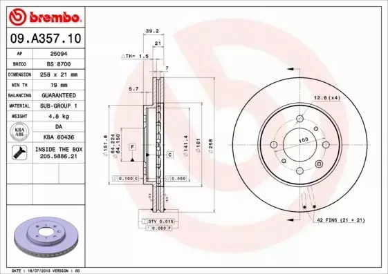 BREMBO TARCZE HAMULCOWE PRZÓD 09.A357.10 