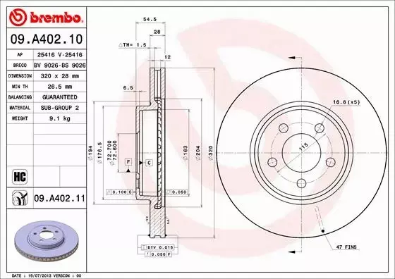 BREMBO TARCZE HAMULCOWE PRZÓD 09.A402.11 