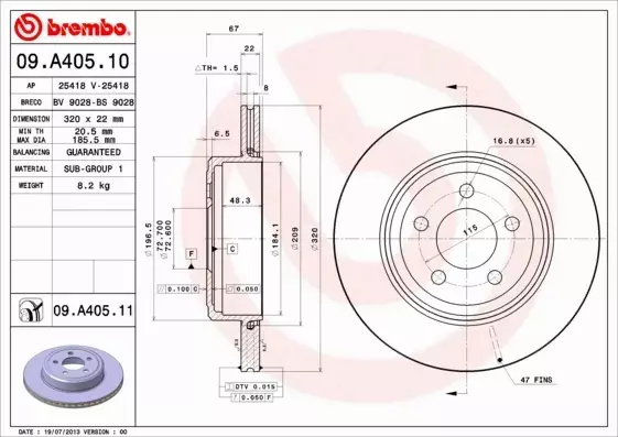 BREMBO TARCZE HAMULCOWE TYŁ 09.A405.11 