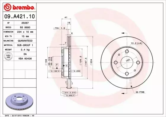 BREMBO TARCZE HAMULCOWE PRZÓD 09.A421.10 