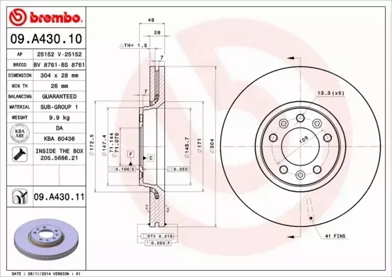 BREMBO TARCZE+KLOCKI PRZÓD CITROEN C5 III 304MM 