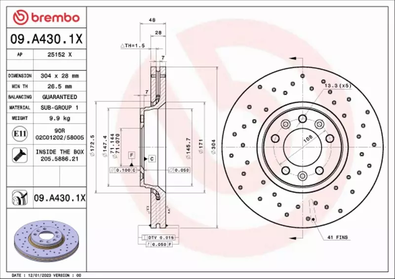 BREMBO TARCZA HAMULCOWA 09.A430.1X 