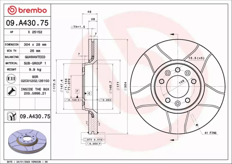 BREMBO TARCZA HAMULCOWA 09.A430.75 