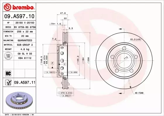 BREMBO TARCZE HAMULCOWE TYŁ 09.A597.11 