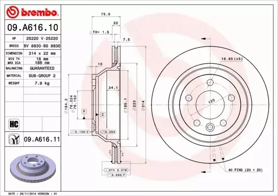 BREMBO TARCZE HAMULCOWE TYŁ 09.A616.11 