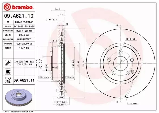 BREMBO TARCZE HAMULCOWE PRZÓD 09.A621.11 