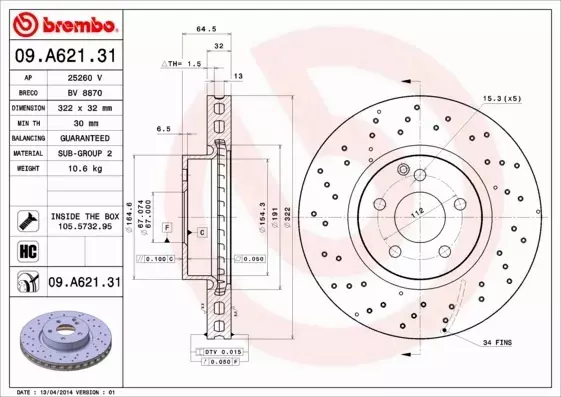 BREMBO TARCZE HAMULCOWE PRZÓD 09.A621.31 