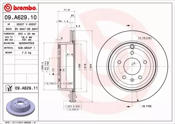 BREMBO TARCZE HAMULCOWE TYŁ 09.A629.11 