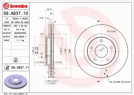 BREMBO TARCZE+KLOCKI PRZÓD CHRYSLER SEBRING 294MM 