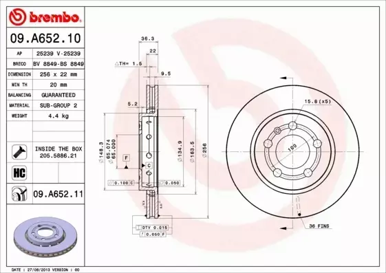 BREMBO TARCZE HAMULCOWE TYŁ 09.A652.11 