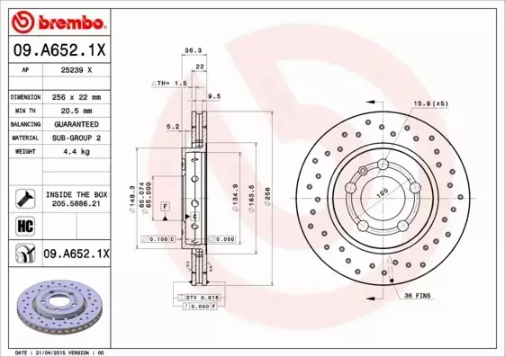 BREMBO TARCZE HAMULCOWE TYŁ 09.A652.1X 