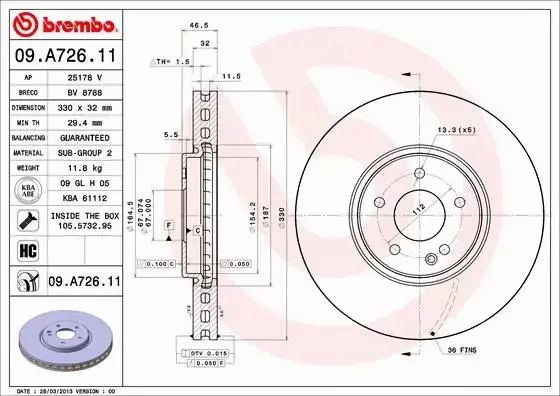 BREMBO TARCZE HAMULCOWE PRZÓD 09.A726.11 