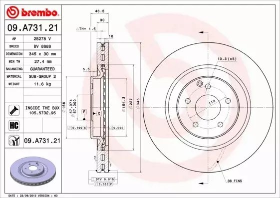 BREMBO TARCZE HAMULCOWE PRZÓD 09.A731.21 