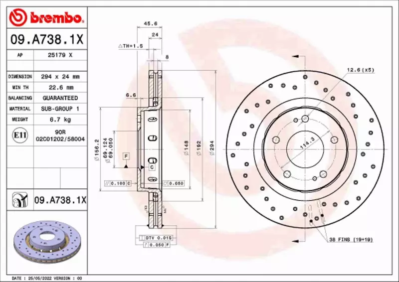 BREMBO TARCZA HAMULCOWA 09.A738.1X 