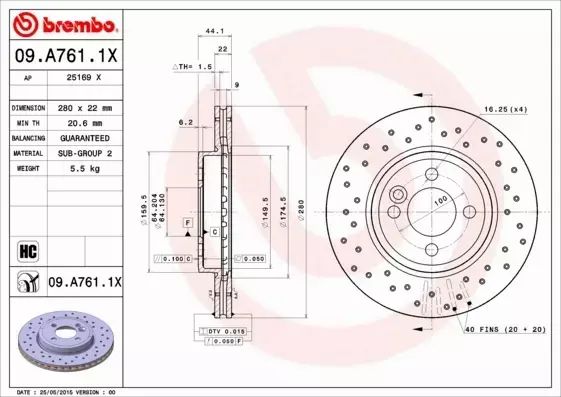 BREMBO TARCZE HAMULCOWE PRZÓD 09.A761.1X 