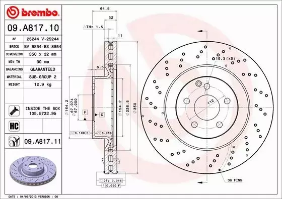 BREMBO TARCZE HAMULCOWE PRZÓD 09.A817.11 