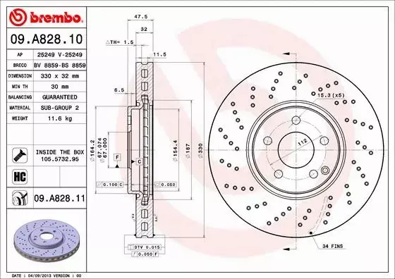 BREMBO TARCZE HAMULCOWE PRZÓD 09.A828.11 