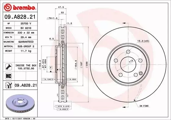 BREMBO TARCZE HAMULCOWE PRZÓD 09.A828.21 