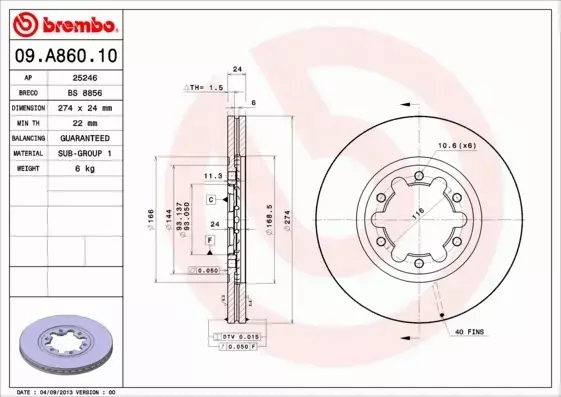 BREMBO TARCZE HAMULCOWE PRZÓD 09.A860.10 