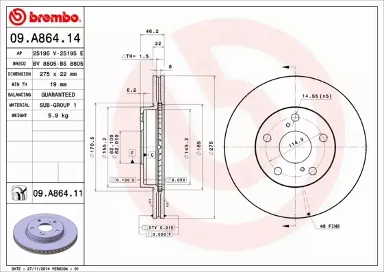 BREMBO TARCZE HAMULCOWE PRZÓD 09.A864.11 