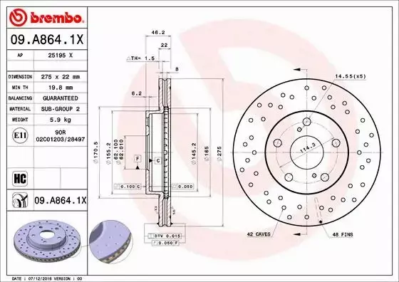 BREMBO TARCZE HAMULCOWE PRZÓD 09.A864.1X 