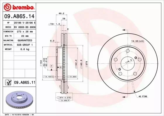 BREMBO TARCZE+KLOCKI P TOYOTA AURIS E15 273MM 