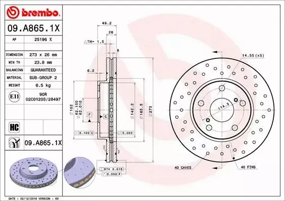 BREMBO TARCZE HAMULCOWE PRZÓD 09.A865.1X 