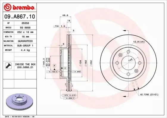 BREMBO TARCZE+KLOCKI P+T HYUNDAI I10 252MM 