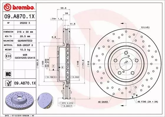 BREMBO TARCZE HAMULCOWE PRZÓD 09.A870.1X 